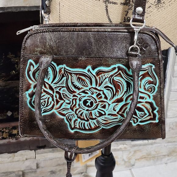 Patricia Nash Paris Satchel Tooled Turquoise Brown Leather P018133 New - Picture 6 of 16